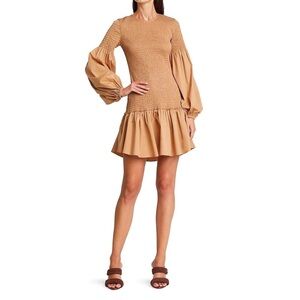 A.L.C. | KORA SMOCKED PUFF-SLEEVE COTTON MINI DRESS IN TAN SIZE 6